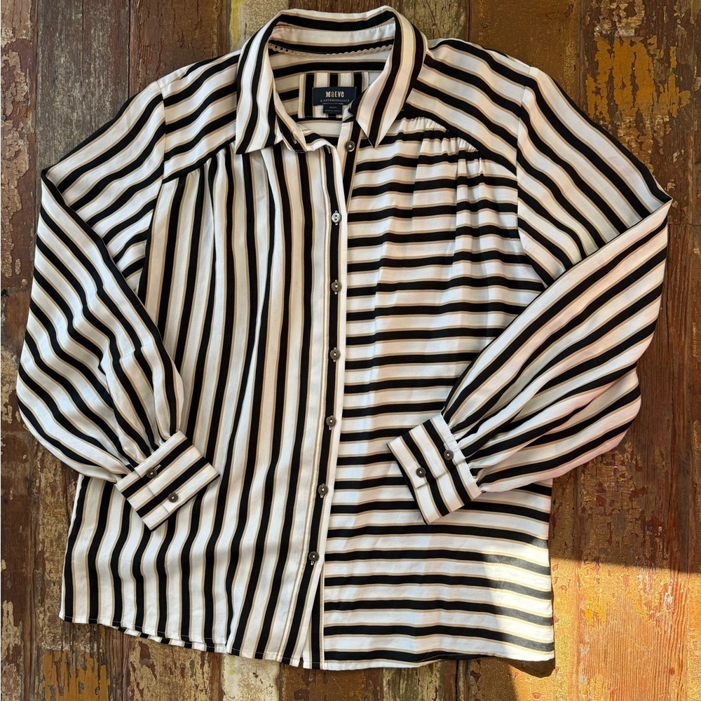 Anthropologie Maeve Silky Striped Black Cream Striped Button Down Shirt | M - Picture 5 of 8